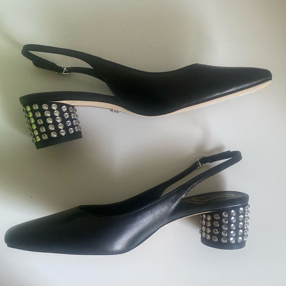 Sam Edelman Terra Gem Blk Leather Slingback Size 7 NWT Round Heel w/ Rhinestones - Picture 8 of 14